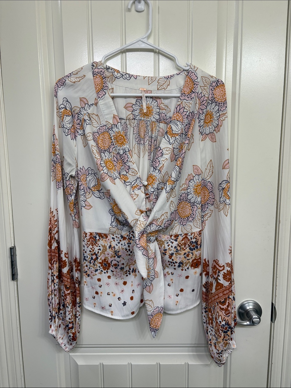 Free People Run Free Floral Tie-Front Blouse - White with Peach & Gold Accents